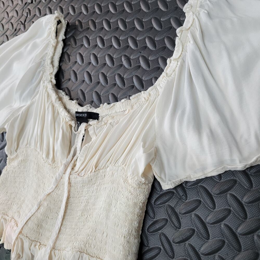 Forever 21 Smocked Milkmaid Crop Top Coquette Balloon Sleeve Peasant Blouse